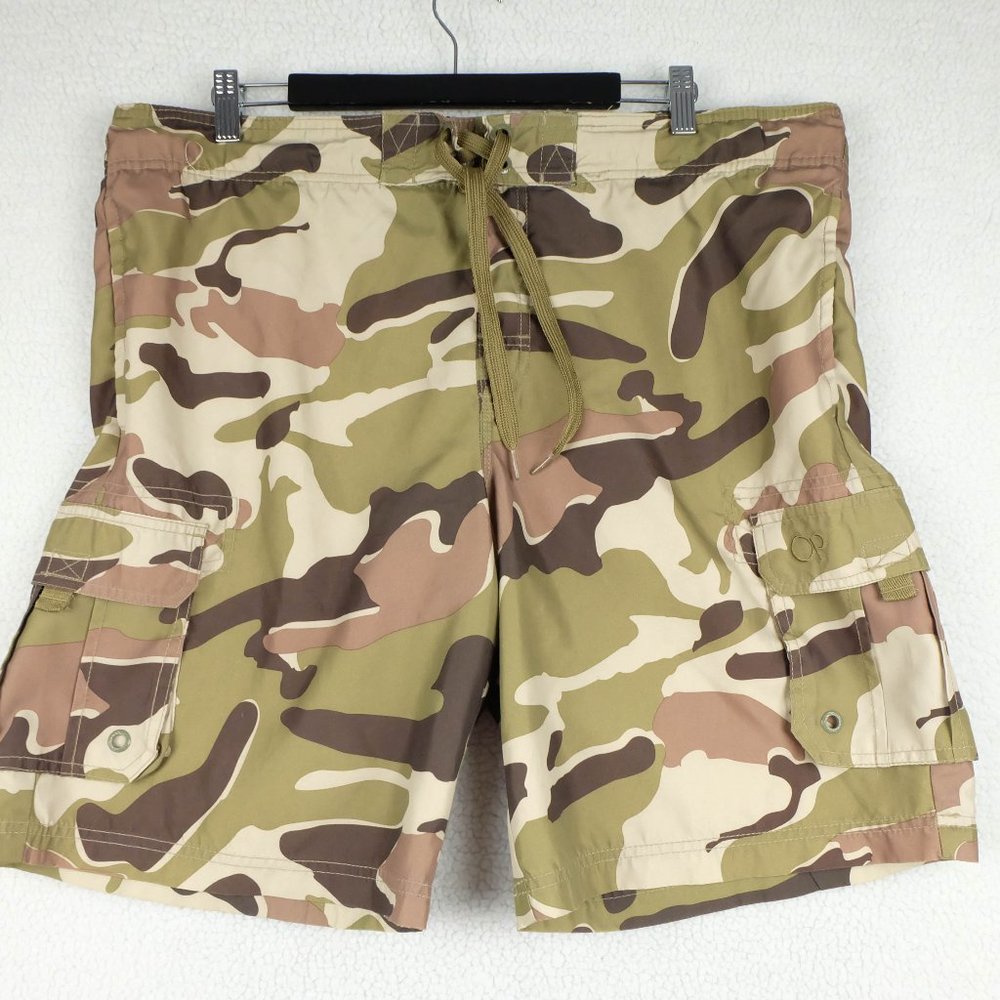 Ocean Pacific Swim Trunks Mens Medium Green Camo Cargo Swim Beach Classic